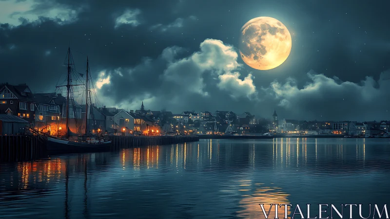 Harbor town basks under luminous full moon glow at night.