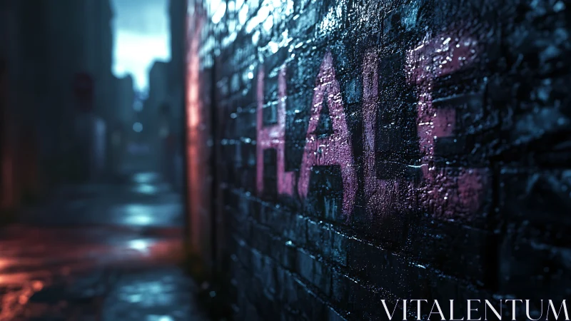 Moody rainy alley wall glowing with bold neon graffiti.