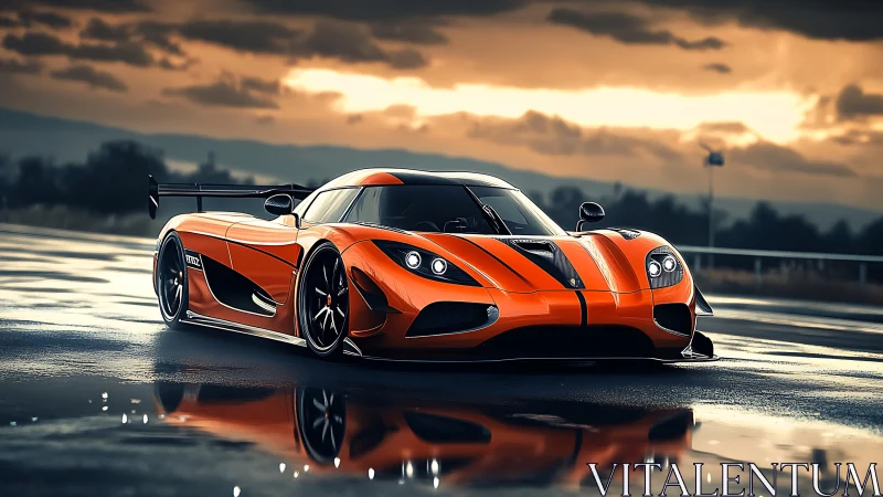 Orange hypercar reflects dramatically on wet asphalt at dusk