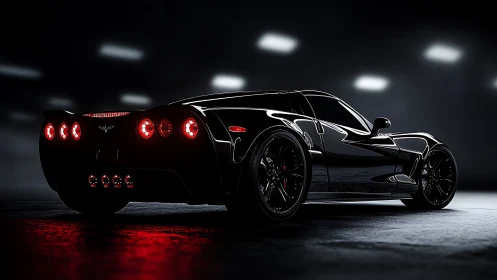 Photorealistic rear-angle sports coupe in cinematic low key lighting.
