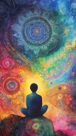 Meditating figure opens a radiant portal of cosmic mandalas