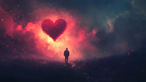 Solitary figure observing luminous heart formation.