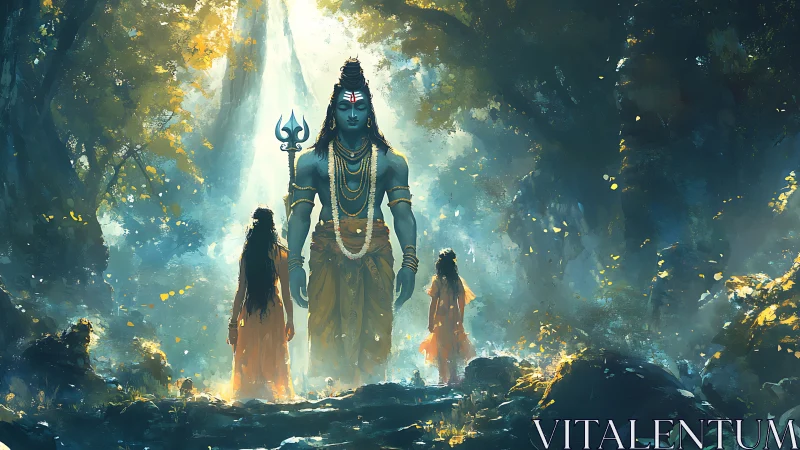 Blue-skinned deity walks through glowing forest with followers