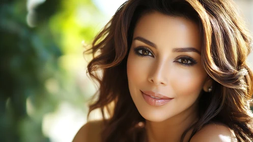 Elegant woman with wavy hair in natural sunlight, portrait style.