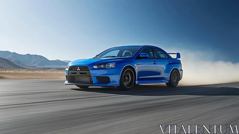 Bold blue sports sedan enjoys a fast desert highway run