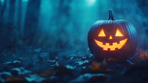 Carved jack o lantern on forest floor with internal light.
