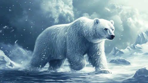 Hyperreal polar bear traversing dynamic arctic icefield