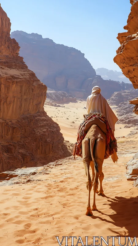 Solitary rider guides camel along narrow desert canyon trail