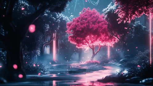 Neon-lit bioluminescent grove centers saturated magenta tree