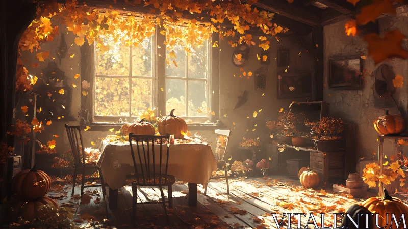 Sunlit rustic dining room filled with pumpkins and leaves