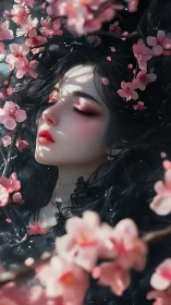 Dreaming woman rests beneath drifting cherry blossoms in bloom
