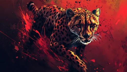 Leopard Portrait in Explosive Red Abstract Background