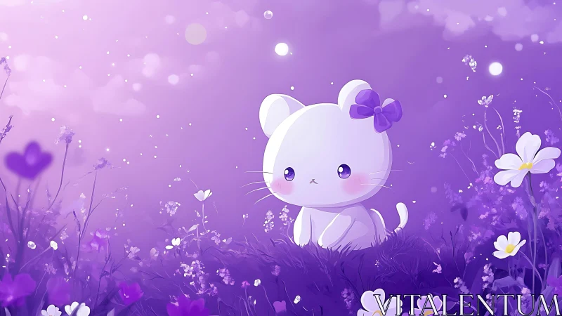Moonlit bow-kitten adrift in glowing lavender meadows.