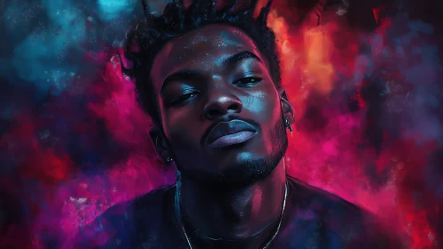 Confident portrait glowing in neon pink, blue, and firelight.