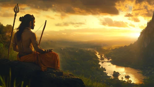 Digital painting of meditative archer above luminous river valley.