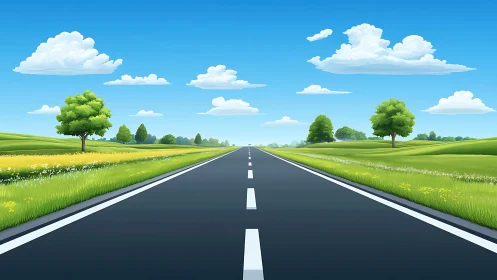 Sunny country road stretching into peaceful open fields.