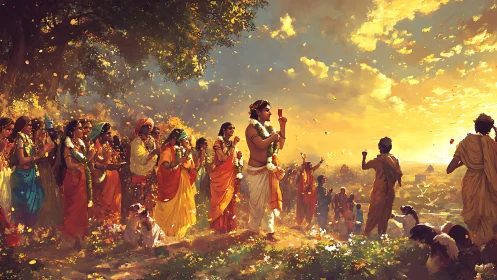 Devotional procession walks toward radiant sunset landscape