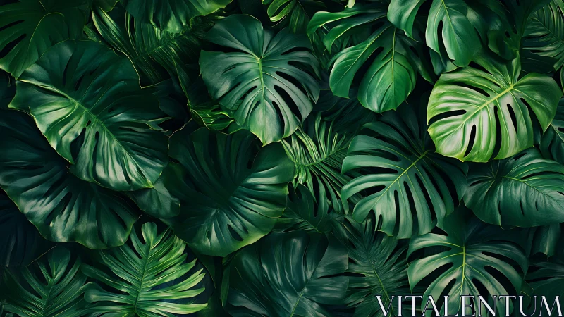 Monstera jungle canopy with layered tropical green foliage.