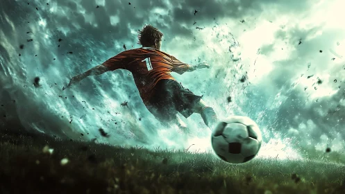Dynamic football striker kicks ball through explosive storm field.