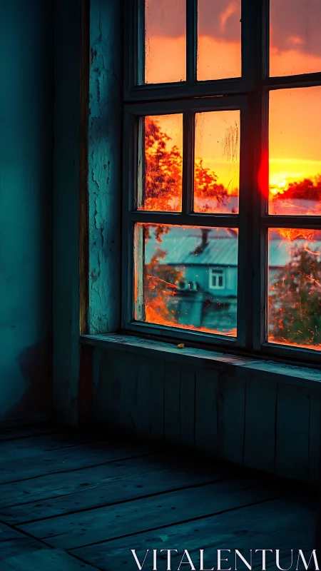 Sunset viewed through worn wooden interior window frame.
