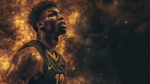 Basketball player rendered in stylized fiery lighting effects