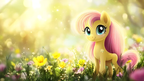 Stylized pastel pony under diffused backlit spring meadow glow
