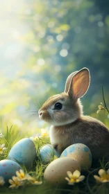 Spring rabbit among speckled eggs in soft sunrise bokeh.