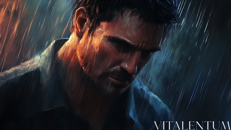 Melancholic male portrait under heavy rain, warm cool contrast.