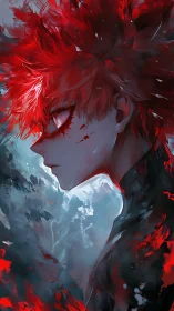 Red-haired anime warrior profile ignites frozen twilight