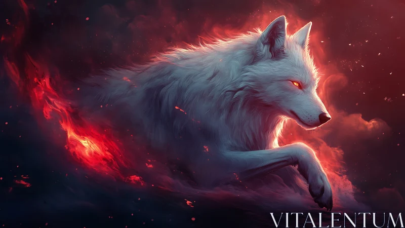 White wolf strides through red glowing smoke and embers
