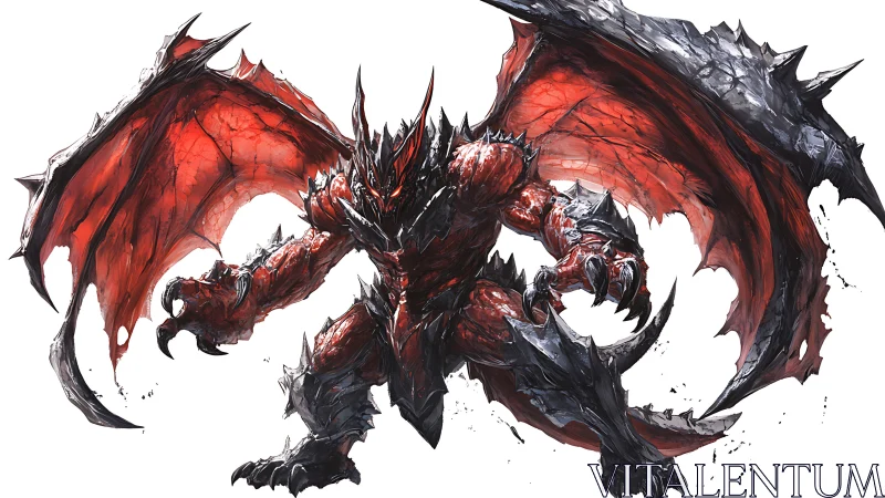Fierce red demon spreads jagged wings in a dramatic battle stance