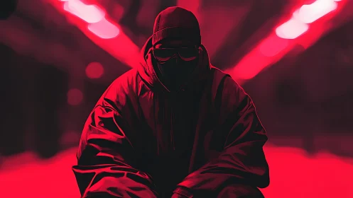Hooded urban figure in neon red tunnel, high contrast rendering.