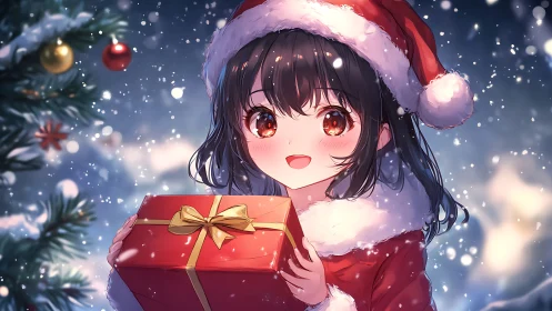 Anime girl holding Christmas gift in snowy night scene.