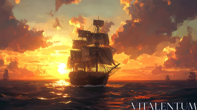 Sunlit tall ship gliding into a painted golden ocean sky.