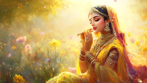 Ornate Indian woman in yellow sari playing flute in sunlit meadow