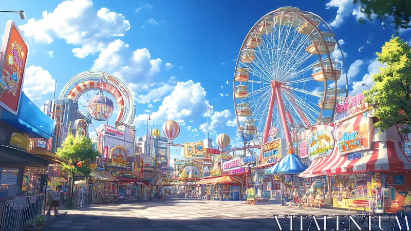 Sunny anime amusement park with ferris wheel and rides.