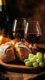 Rustic still life with red wine, artisan bread, and green grapes