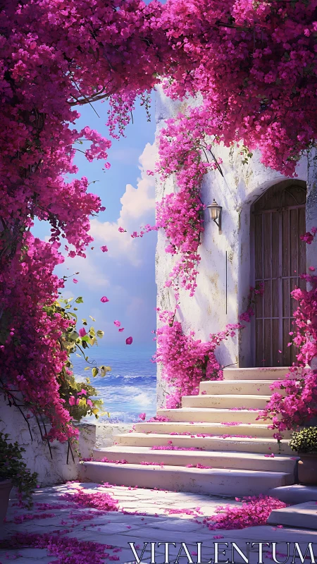 Sunlit seaside steps wrapped in drifting pink blossoms.