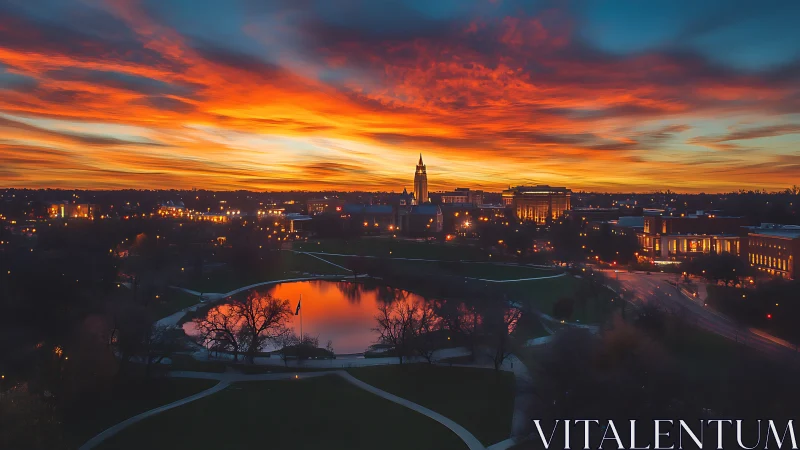 Fiery dusk skyline above city park lake and glowing campus.