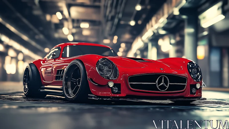 Red street-rocket classic growls low in a neon tunnel