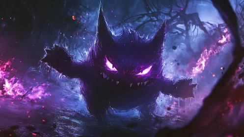 Shadowy spectral creature in bioluminescent forest setting.