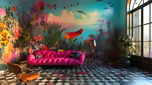 Vibrant surreal lounge interior merges flora and dreamscape art