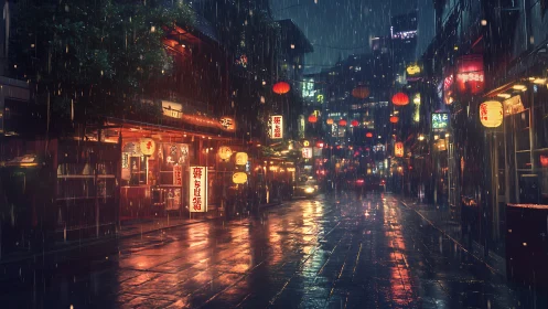 Rain-soaked neon alley reflects lantern-lit storefronts at night