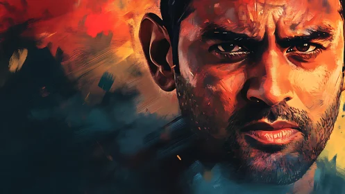 Intense male portrait in fiery abstract digital brushwork.