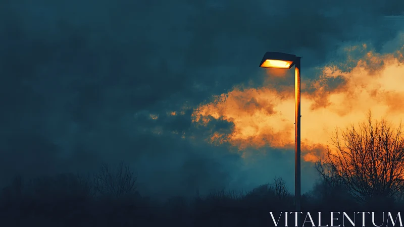 Streetlamp illuminates dark blue sky and fiery cloud bank