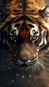 Hyper-detailed tiger portrait shows frontal symmetry and shallow depth