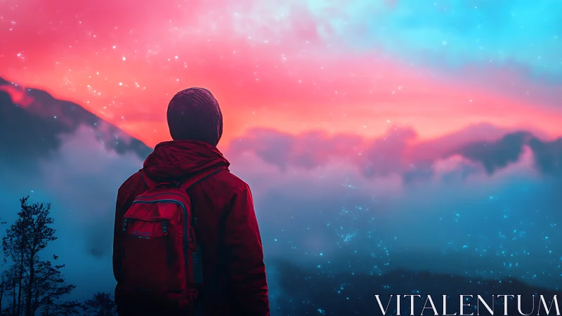 Backlit hiker studies neon gradient sky over fog-draped ridgeline