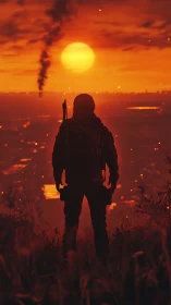 Backlit survivor observes burning cityscape under saturated red sun