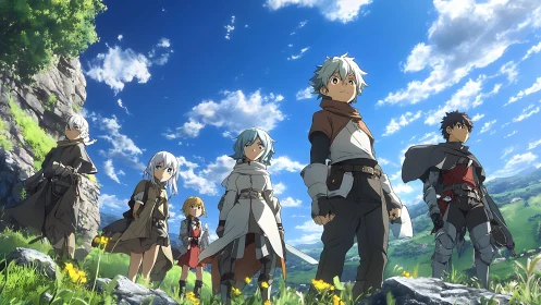 Young fantasy warriors stand ready under bright summer sky