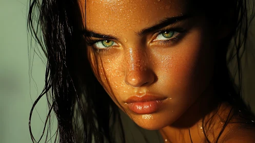 Intense wet portrait highlights emerald eyes and bronzed skin